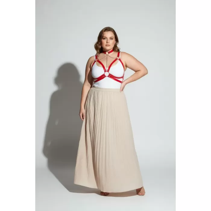 Büyük Beden Kırmızı Kadın Kemer Zincir Detaylı Deri Harness - APFT797