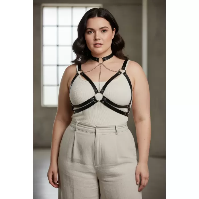 Büyük Beden Siyah Kadın Kemer Zincir Detaylı Deri Harness Vücut Aksesuarı - APFT797