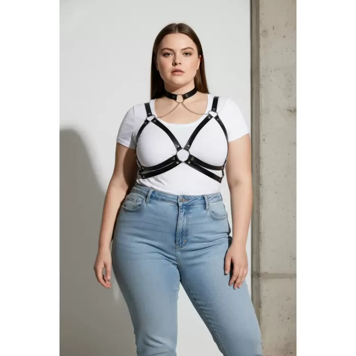 Büyük Beden Siyah Kadın Kemer Zincir Detaylı Deri Harness Vücut Aksesuarı - APFT797