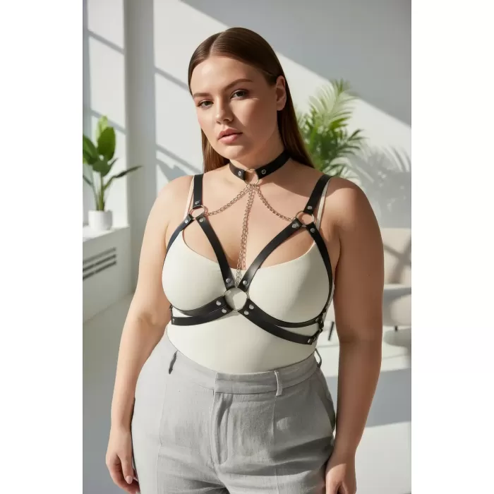 Büyük Beden Siyah Kadın Kemer Zincir Detaylı Deri Harness Vücut Aksesuarı - APFT797