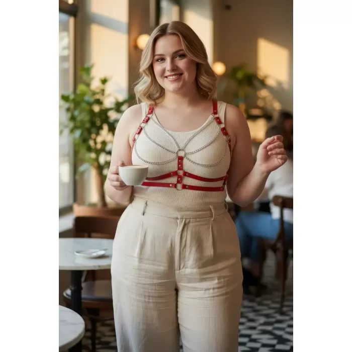 Büyük Beden Kırmızı Kadın Kemer Zincir Detaylı Deri Vücut Aksesuarı - APFT808