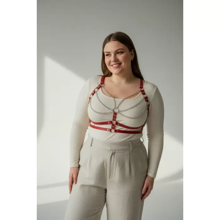 Büyük Beden Kırmızı Kadın Kemer Zincir Detaylı Deri Vücut Aksesuarı - APFT808