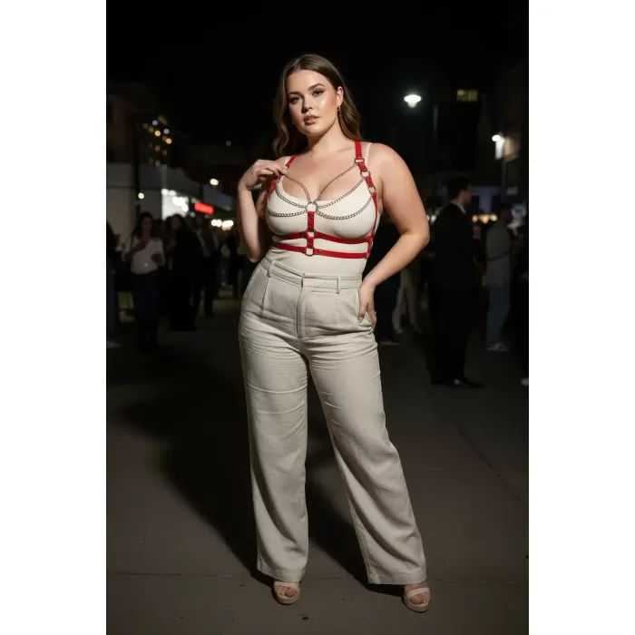 Büyük Beden Kırmızı Kadın Kemer Zincir Detaylı Deri Vücut Aksesuarı - APFT808