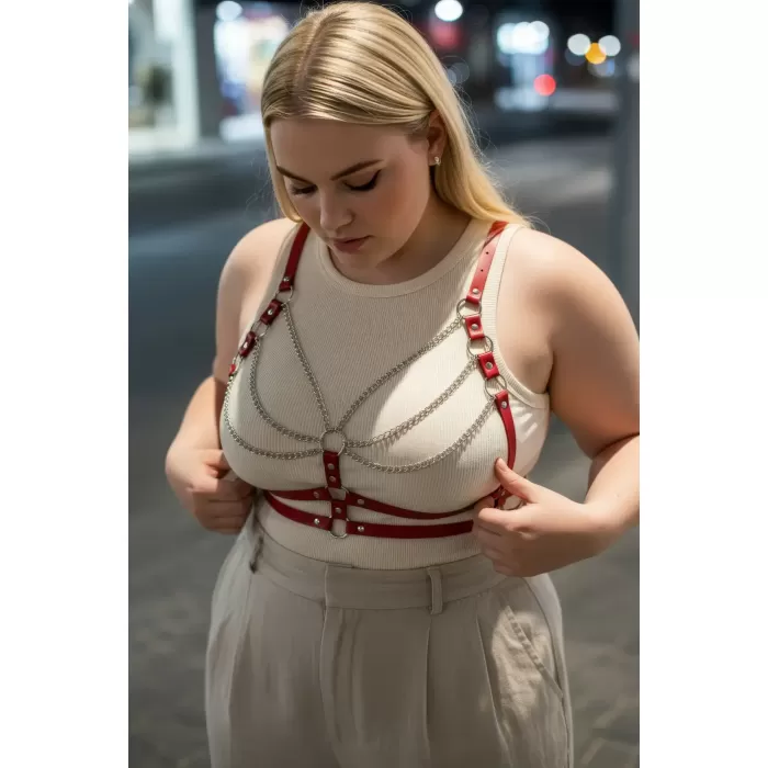 Büyük Beden Kırmızı Kadın Kemer Zincir Detaylı Deri Vücut Aksesuarı - APFT808