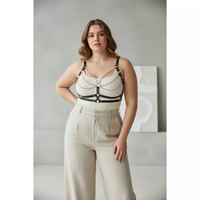 Büyük Beden Siyah Kadın Kemer Deri Zincir Detaylı Vücut Harness - APFT808