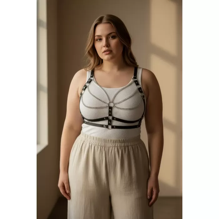 Büyük Beden Siyah Kadın Kemer Deri Zincir Detaylı Vücut Harness - APFT808