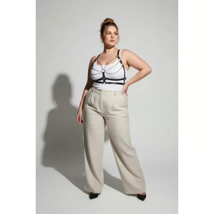 Büyük Beden Siyah Kadın Kemer Deri Zincir Detaylı Vücut Harness - APFT808