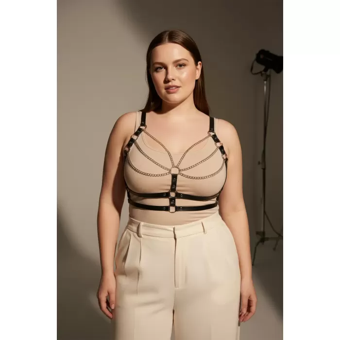 Büyük Beden Siyah Kadın Kemer Deri Zincir Detaylı Vücut Harness - APFT808