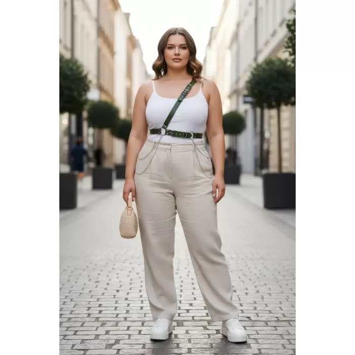 Büyük Beden Haki Kadın Deri Vücut Kemeri Zincir Detaylı - APFT813