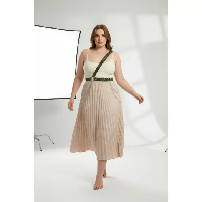 Büyük Beden Haki Kadın Deri Vücut Kemeri Zincir Detaylı - APFT813