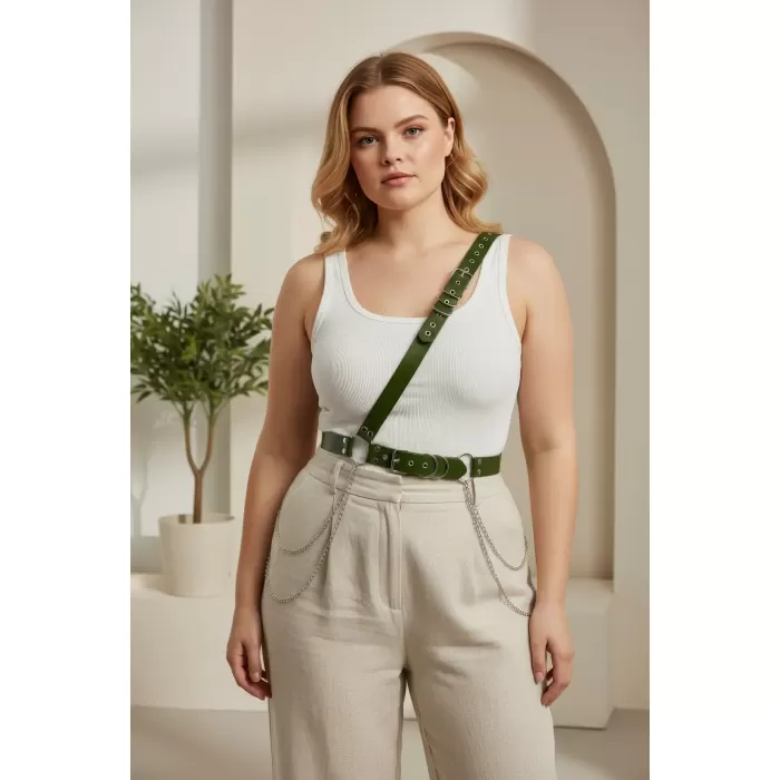 Büyük Beden Haki Kadın Deri Vücut Kemeri Zincir Detaylı - APFT813