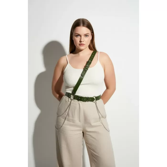 Büyük Beden Haki Kadın Deri Vücut Kemeri Zincir Detaylı - APFT813