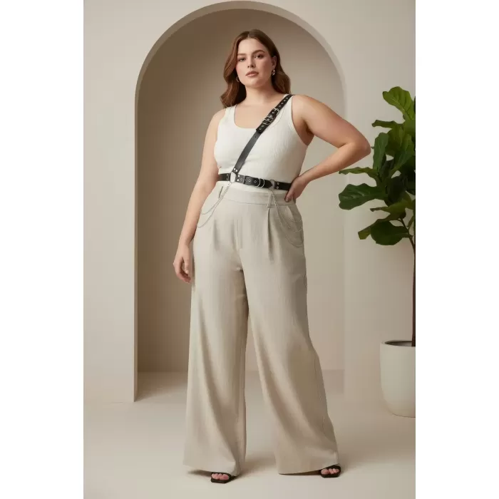 Büyük Beden Siyah Kadın Kemer Zincir Detaylı Body Harness Stil Vücut Aksesuarı - APFT813