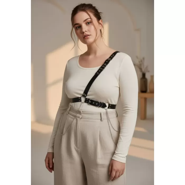 Büyük Beden Siyah Kadın Kemer Zincir Detaylı Body Harness Stil Vücut Aksesuarı - APFT813