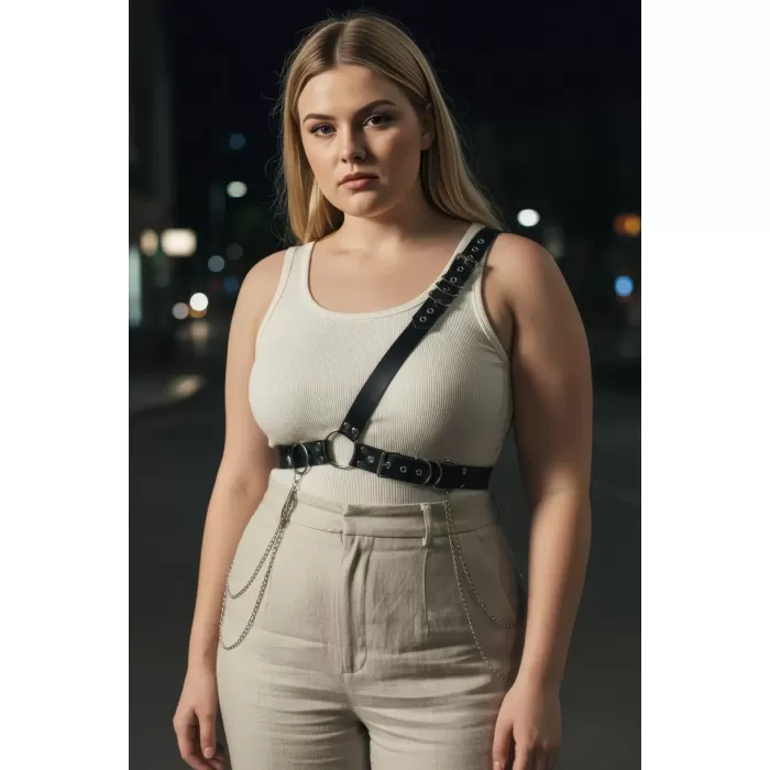 Büyük Beden Siyah Kadın Kemer Zincir Detaylı Body Harness Stil Vücut Aksesuarı - APFT813