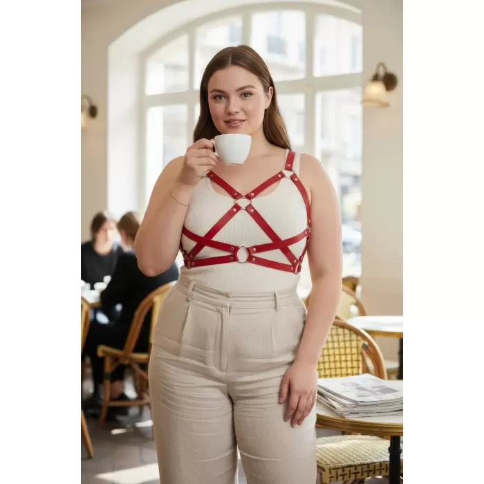Büyük Beden Kırmızı Kadın Kemer Deri Korse Detaylı Vücut Aksesuarı - APFT816