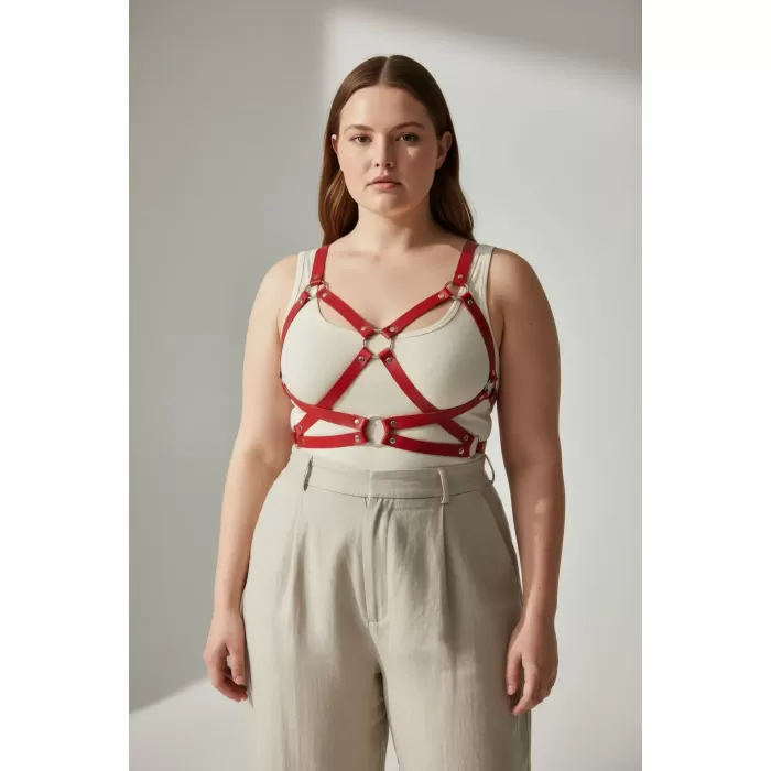 Büyük Beden Kırmızı Kadın Kemer Deri Korse Detaylı Vücut Aksesuarı - APFT816