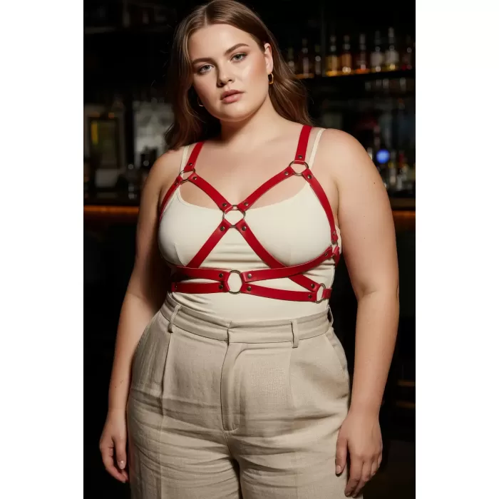 Büyük Beden Kırmızı Kadın Kemer Deri Korse Detaylı Vücut Aksesuarı - APFT816