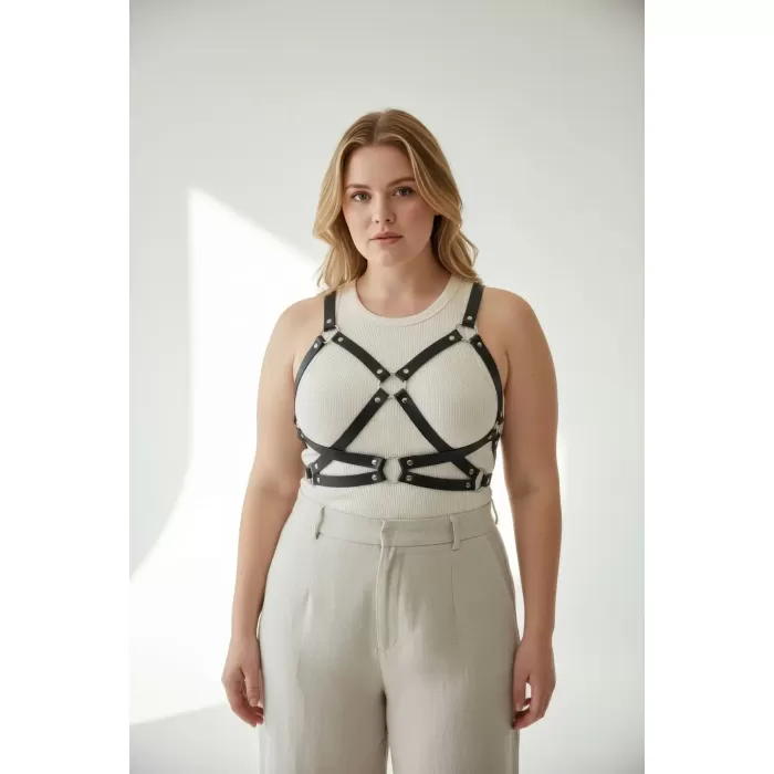 Büyük Beden Siyah Kadın Kemer Halka Detaylı Deri Harness Vücut Aksesuarı - APFT816