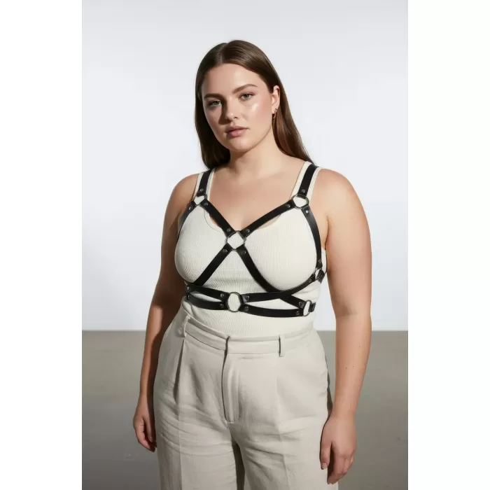 Büyük Beden Siyah Kadın Kemer Halka Detaylı Deri Harness Vücut Aksesuarı - APFT816