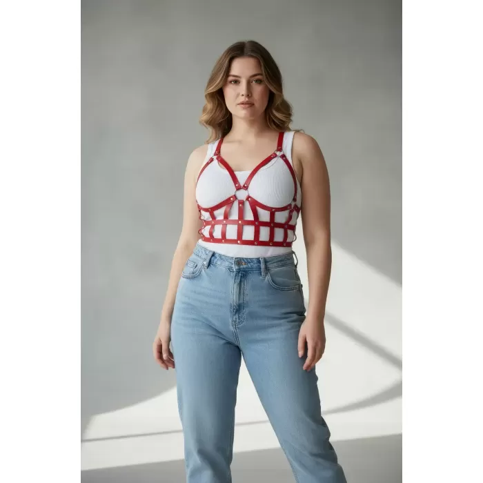 Büyük Beden Kırmızı Kadın Kemer Korse Tarzı Deri Vücut Aksesuarı - APFT819