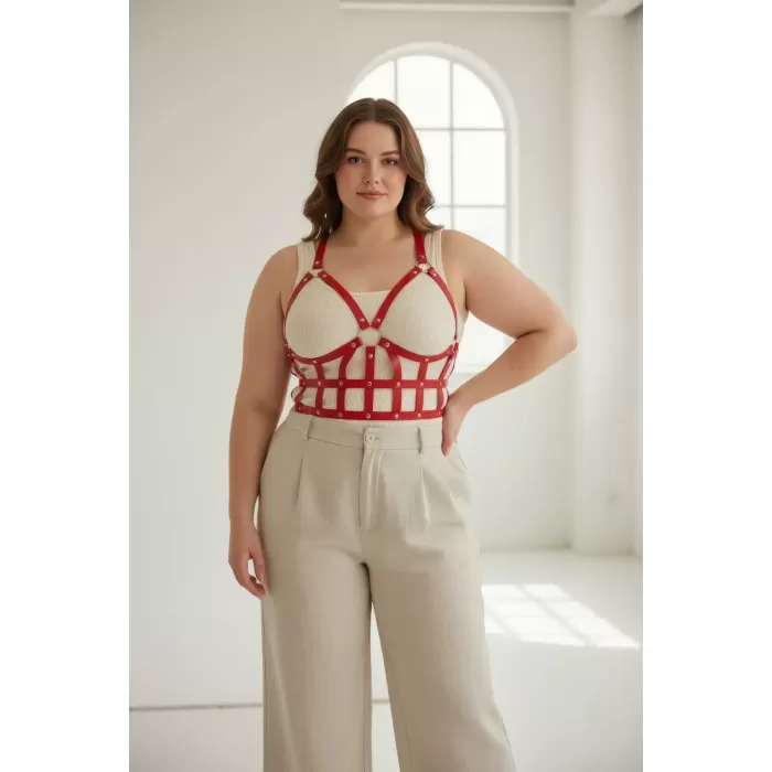 Büyük Beden Kırmızı Kadın Kemer Korse Tarzı Deri Vücut Aksesuarı - APFT819