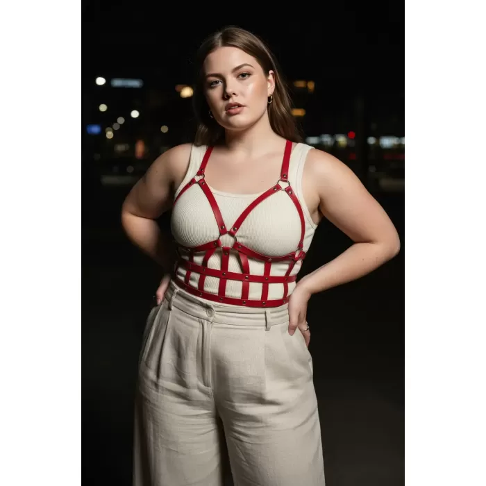 Büyük Beden Kırmızı Kadın Kemer Korse Tarzı Deri Vücut Aksesuarı - APFT819