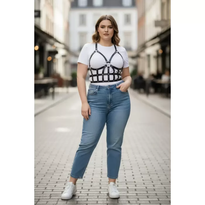 Büyük Beden Siyah Kadın Kemer Deri Vücut Harness Kombin Tamamlayıcı - APFT819