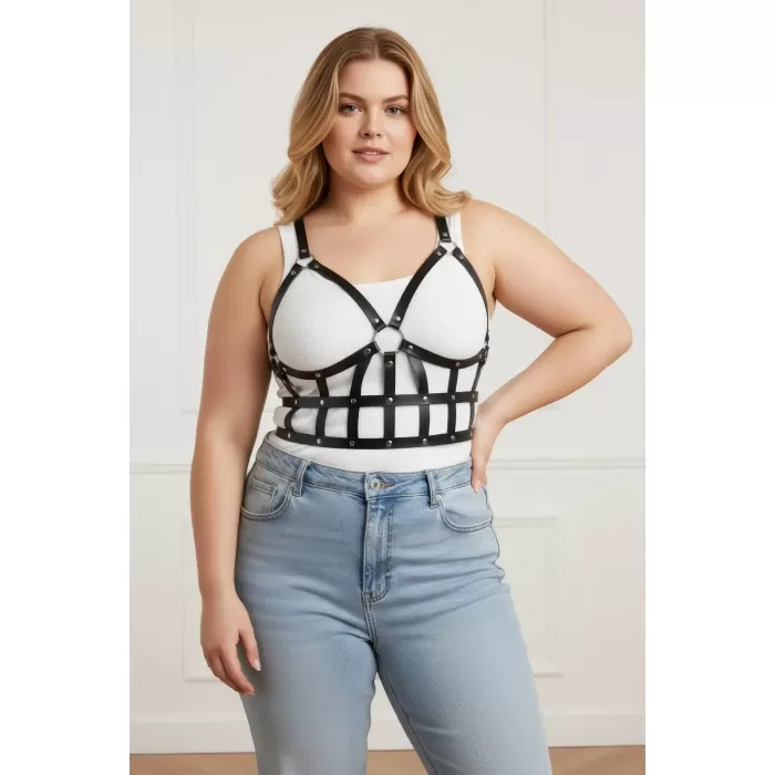 Büyük Beden Siyah Kadın Kemer Deri Vücut Harness Kombin Tamamlayıcı - APFT819