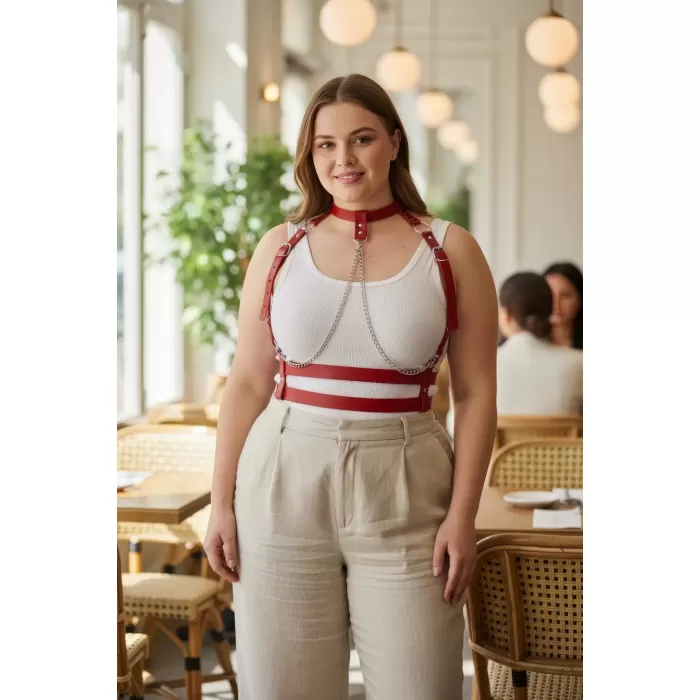 Büyük Beden Kırmızı Kadın Kemer Zincir Detaylı Deri Harness Vücut Aksesuarı - APFT824