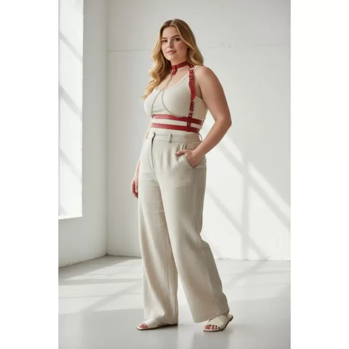 Büyük Beden Kırmızı Kadın Kemer Zincir Detaylı Deri Harness Vücut Aksesuarı - APFT824