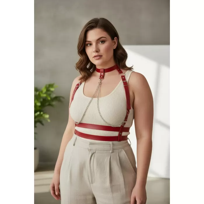 Büyük Beden Kırmızı Kadın Kemer Zincir Detaylı Deri Harness Vücut Aksesuarı - APFT824