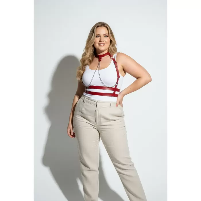 Büyük Beden Kırmızı Kadın Kemer Zincir Detaylı Deri Harness Vücut Aksesuarı - APFT824