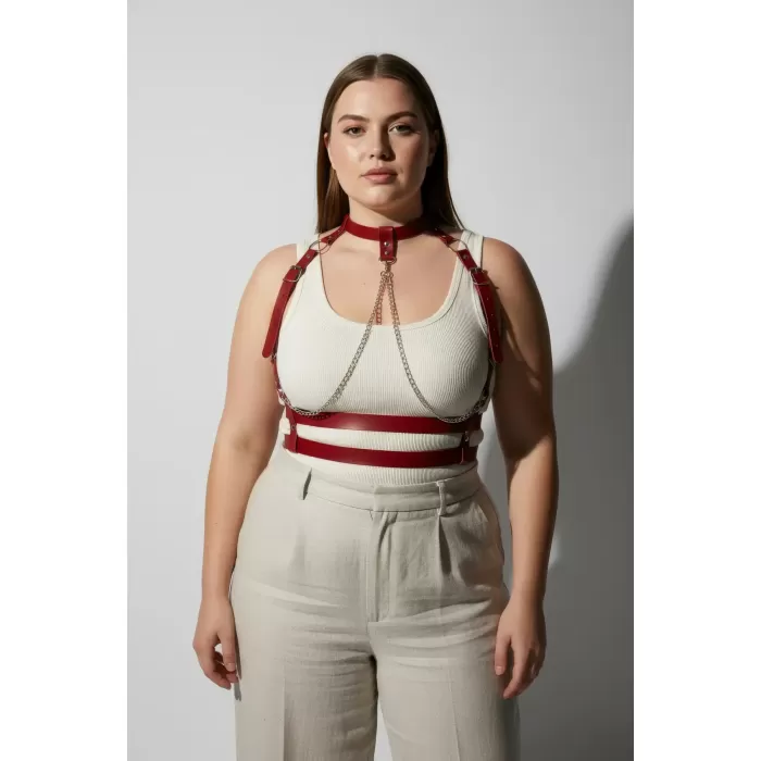 Büyük Beden Kırmızı Kadın Kemer Zincir Detaylı Deri Harness Vücut Aksesuarı - APFT824