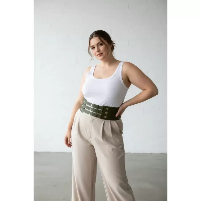 Büyük Beden Haki Kadın Deri Korse Kemer, Üç Kayışlı Kalın Bel Aksesuarı - APFT827