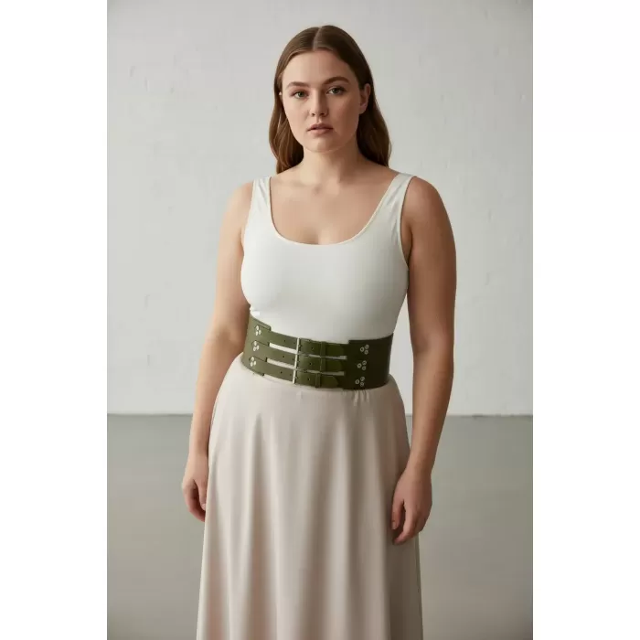 Büyük Beden Haki Kadın Deri Korse Kemer, Üç Kayışlı Kalın Bel Aksesuarı - APFT827