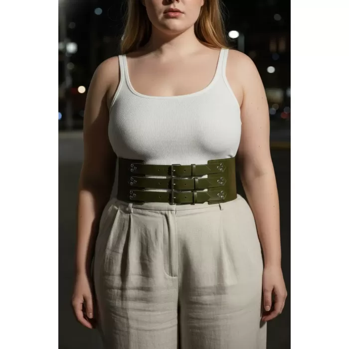 Büyük Beden Haki Kadın Deri Korse Kemer, Üç Kayışlı Kalın Bel Aksesuarı - APFT827