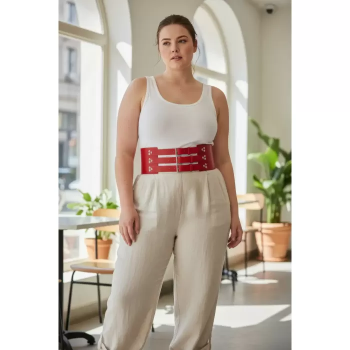 Büyük Beden Kırmızı Kadın Kemer Korse Model Geniş Bel Çok Tokalı Deri - APFT827