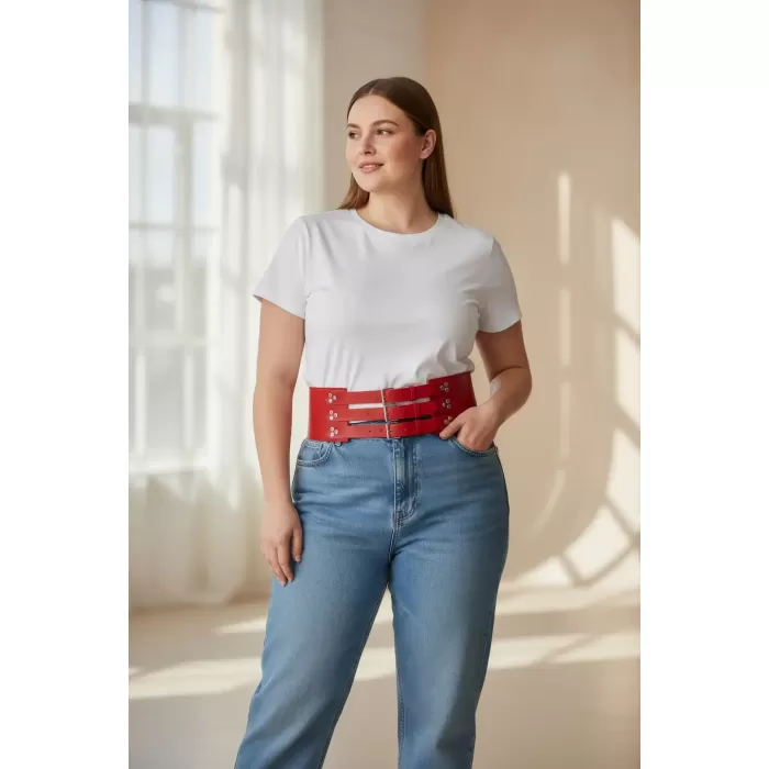 Büyük Beden Kırmızı Kadın Kemer Korse Model Geniş Bel Çok Tokalı Deri - APFT827