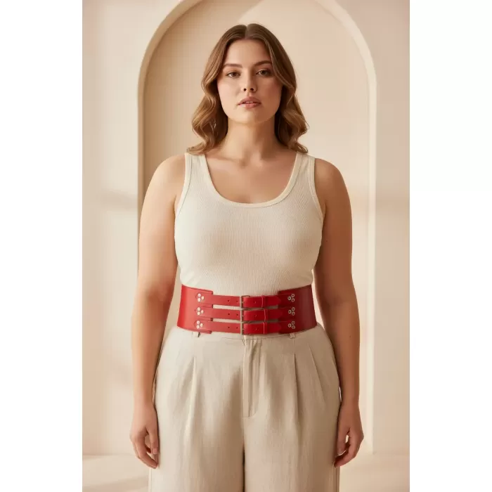 Büyük Beden Kırmızı Kadın Kemer Korse Model Geniş Bel Çok Tokalı Deri - APFT827