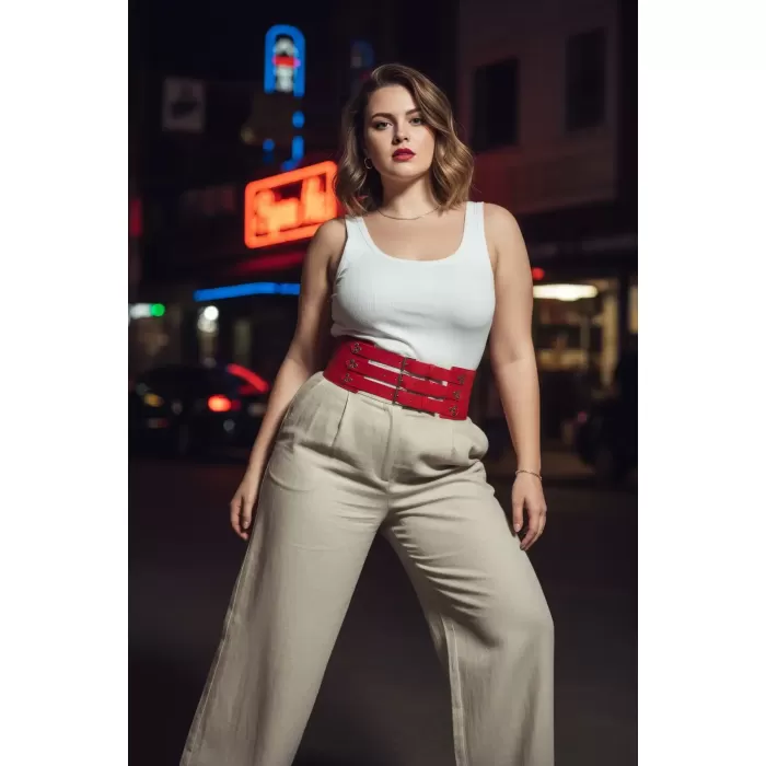 Büyük Beden Kırmızı Kadın Kemer Korse Model Geniş Bel Çok Tokalı Deri - APFT827