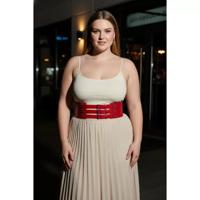 Büyük Beden Kırmızı Kadın Kemer Korse Model Geniş Bel Çok Tokalı Deri - APFT827