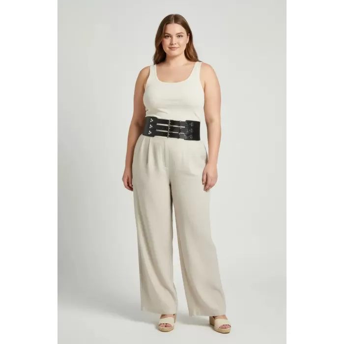 Büyük Beden Siyah Kadın Kemer Çoklu Tokalı Geniş Korsaj Model - APFT827