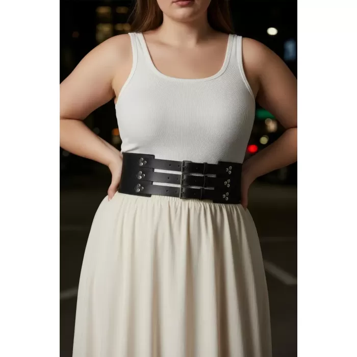 Büyük Beden Siyah Kadın Kemer Çoklu Tokalı Geniş Korsaj Model - APFT827