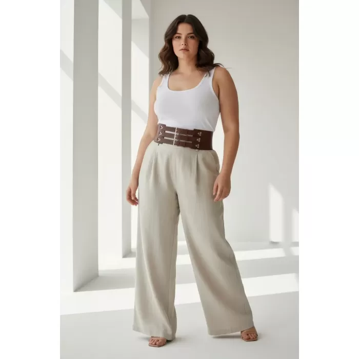 Büyük Beden Kahverengi Kadın Kemer Geniş Bel Korse Detaylı - APFT827