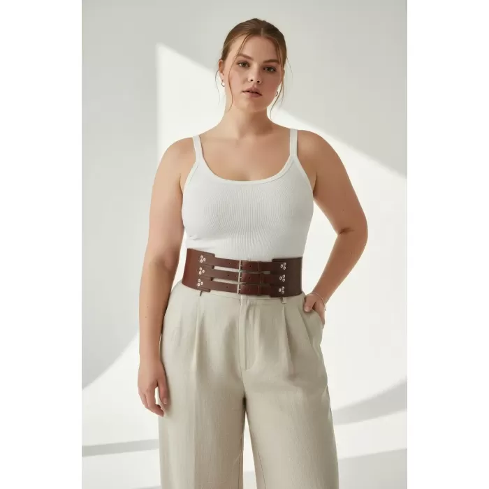 Büyük Beden Kahverengi Kadın Kemer Geniş Bel Korse Detaylı - APFT827