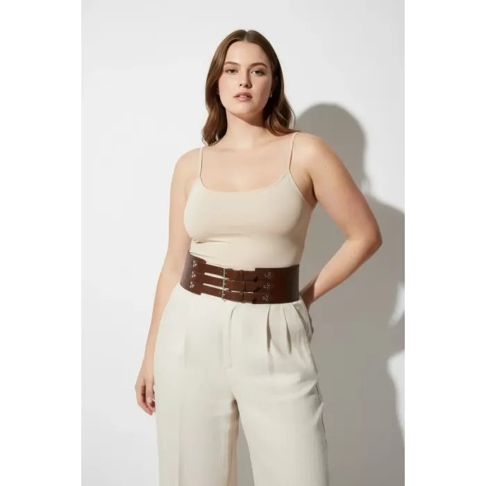 Büyük Beden Kahverengi Kadın Kemer Geniş Bel Korse Detaylı - APFT827