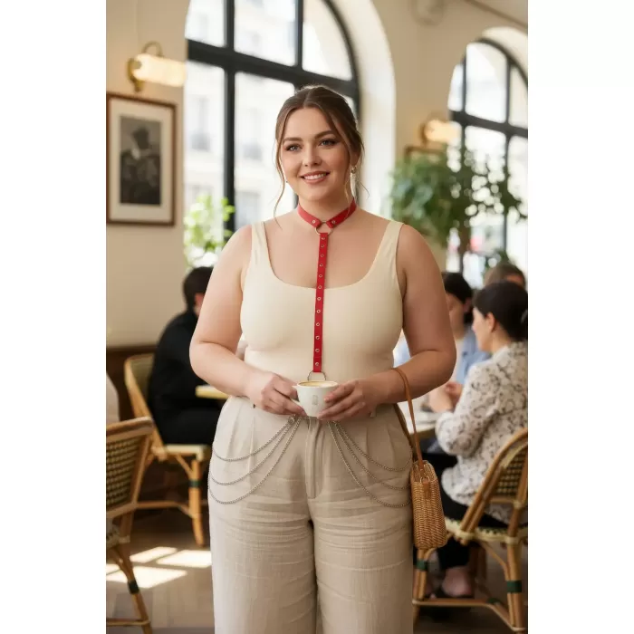 Büyük Beden Kırmızı Kadın Deri Kemer Halka Detaylı Vücut Aksesuarı - APFT840