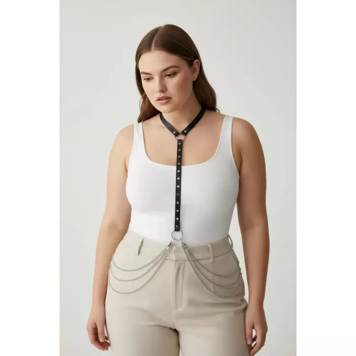 Büyük Beden Siyah Kadın Vücut Kemeri Zincir Detaylı Deri Görünümlü Aksesuar - APFT840