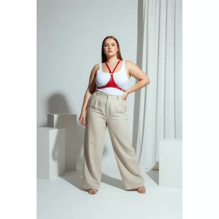 Büyük Beden Kırmızı Kadın Kemer Deri Zımba Detaylı Vücut Aksesuarı - APFT850